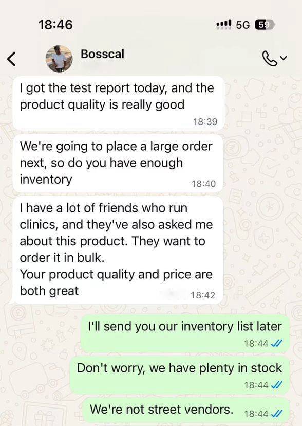 WhatsApp customer review of Synedica Retatrutide - screenshot 5
