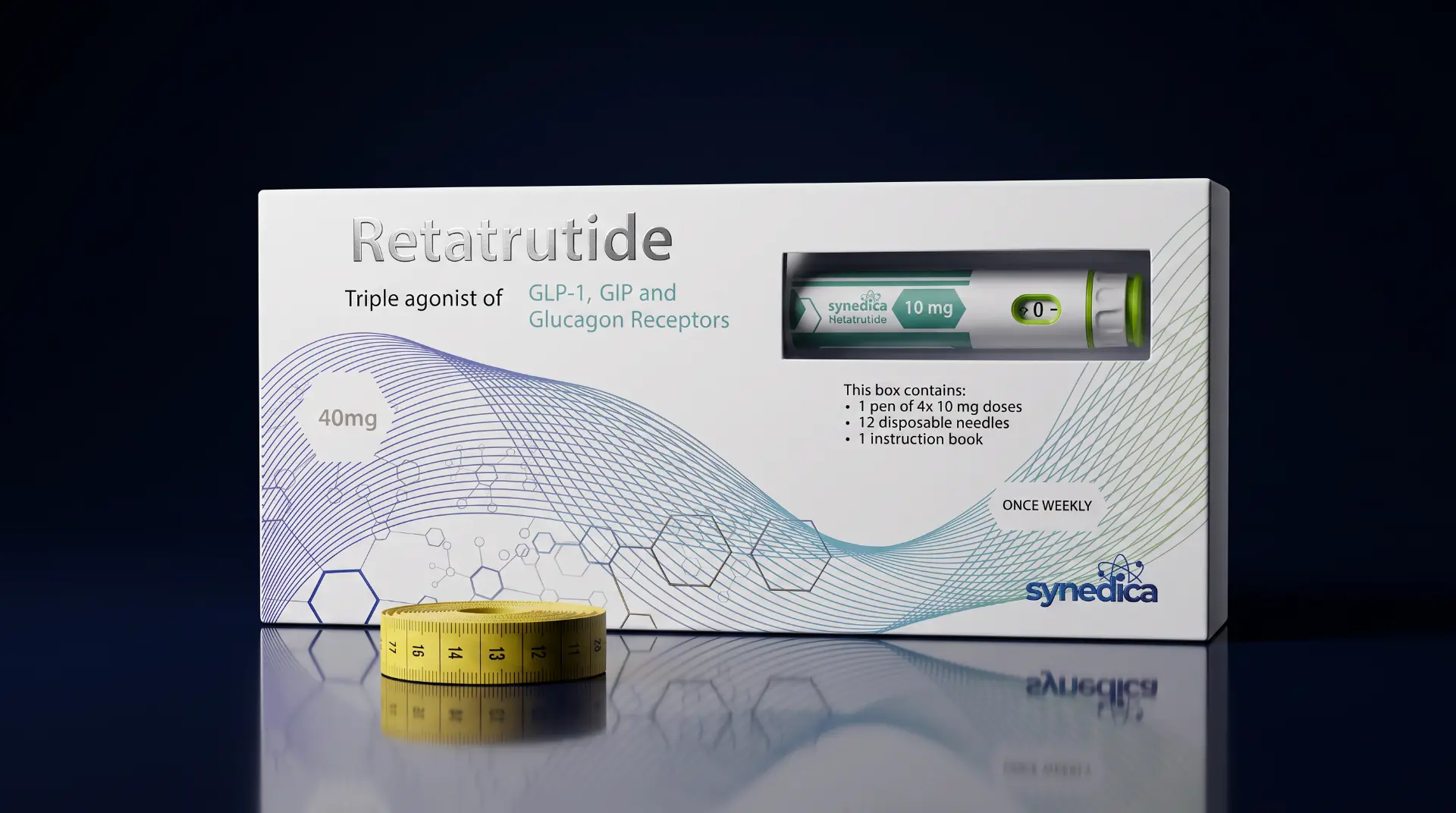 Synedica Retatrutide 40 mg once-weekly pen box on a dark reflective surface with measuring tape