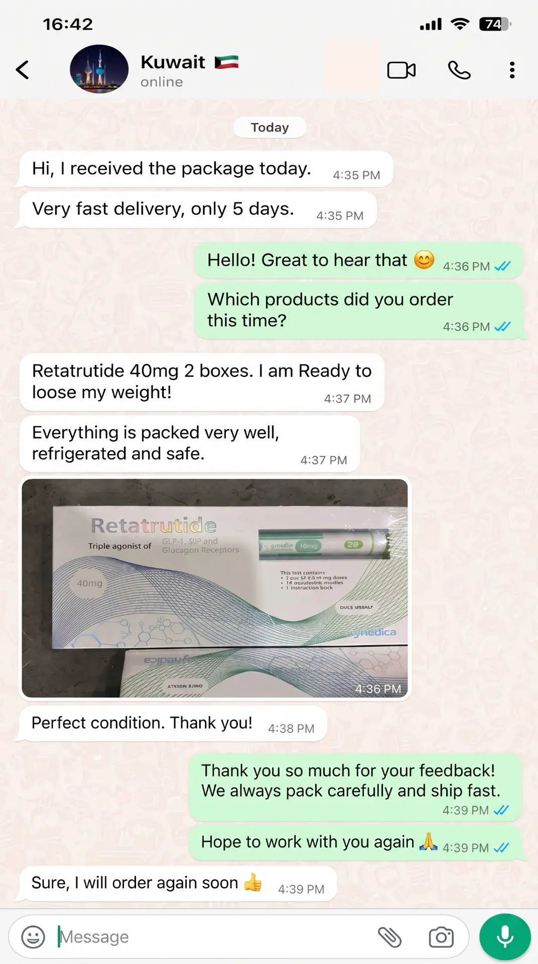 WhatsApp customer review of Synedica Retatrutide - screenshot 1