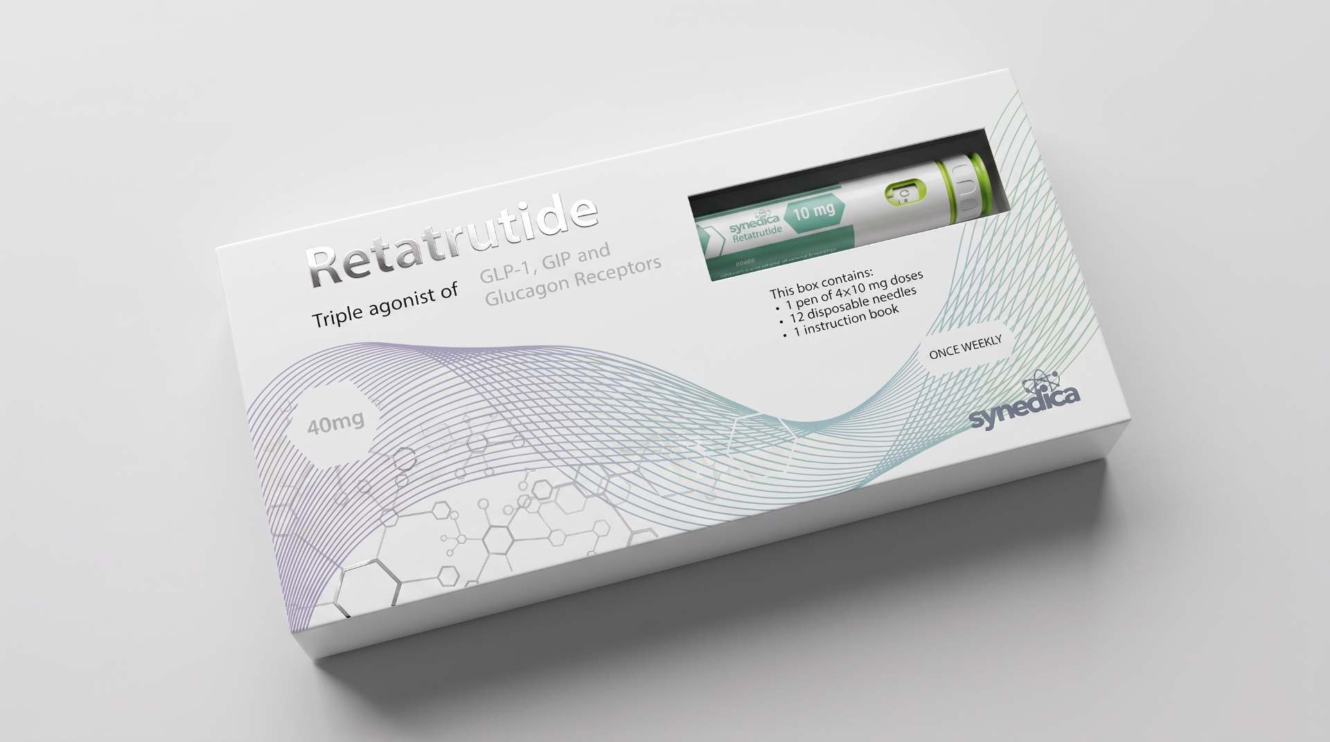 Synedica Retatrutide 10mg pen and box — complete starter kit